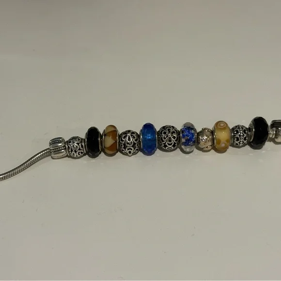 Pandora Silver Charm Bracelet with Blue and Black Beads - Picture 2 of 8